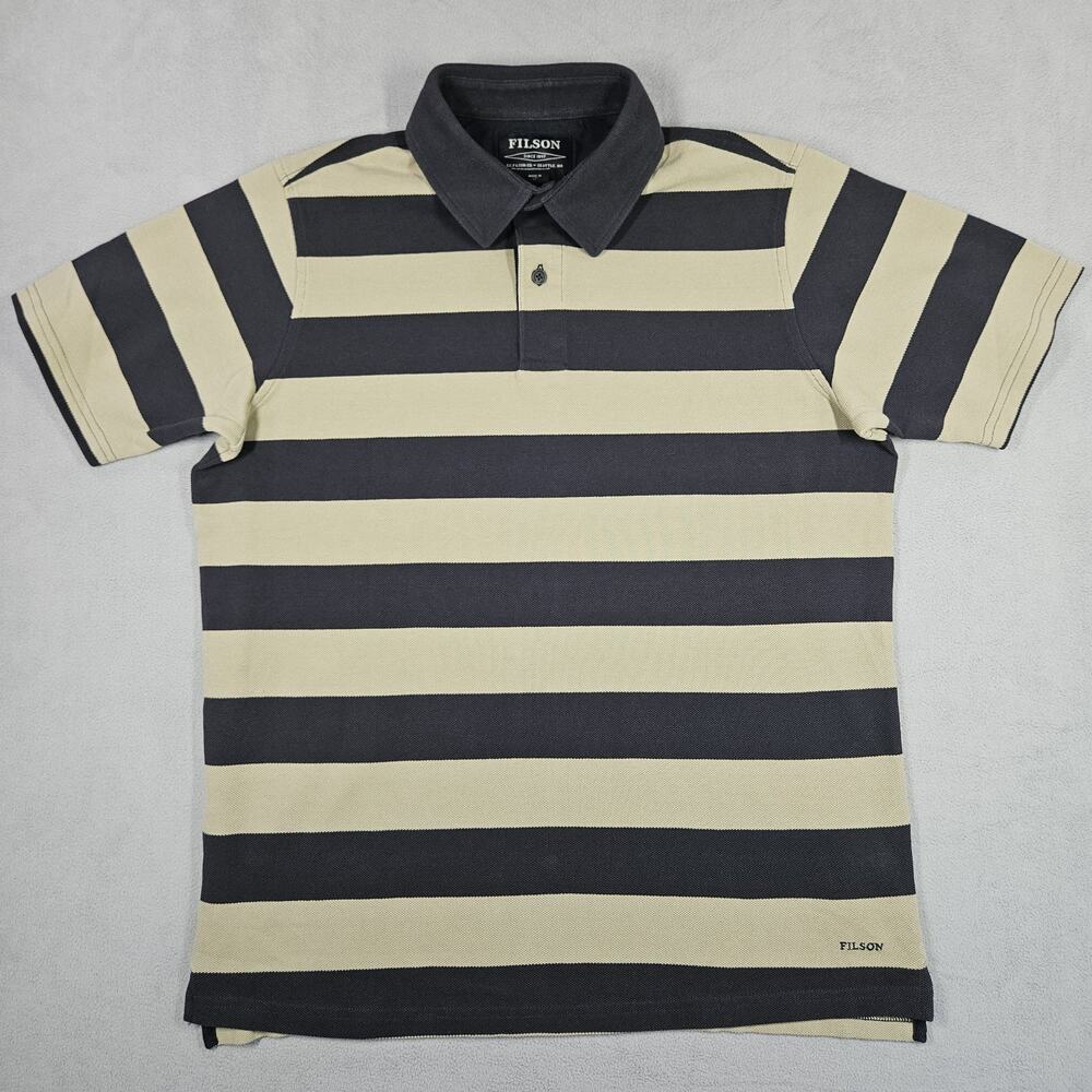 Filson Polo Mens M Rugby Stripe Cotton Shirt Collared Navy Tan Preppy Heritage